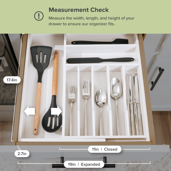 Bamboo Drawer Organizer for Silverware & Utensils - White Finish (Expands 11-19in) - Image 4