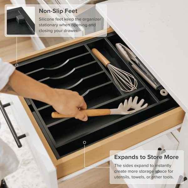 Bamboo Drawer Organizer for Silverware & Utensils Black Finish (Expands 14.5-25in) - Image 6