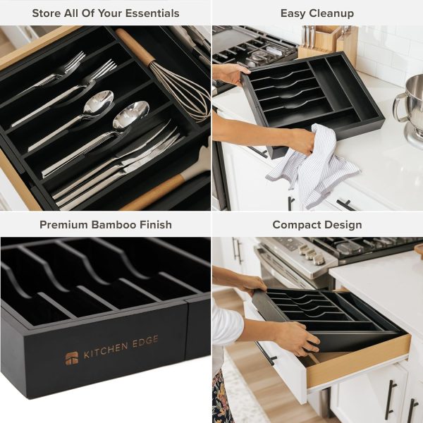 Bamboo Drawer Organizer for Silverware & Utensils Black Finish (Expands 14.5-25in) - Image 3