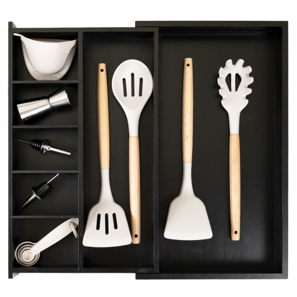 Bamboo Drawer Organizer for Utensils & Junk - Black Finish (Expands 10.5-18.5in)