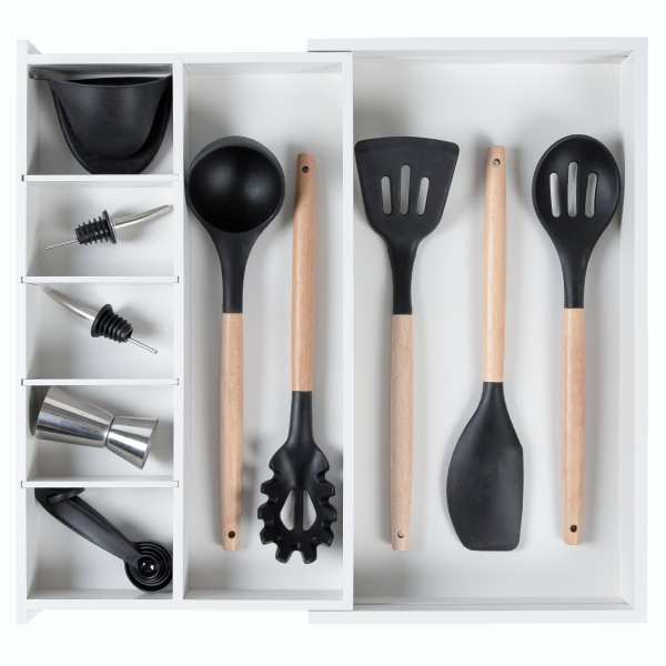 Bamboo Drawer Organizer for Utensils & Junk - White Finish (Expands 10.5-18.5in)