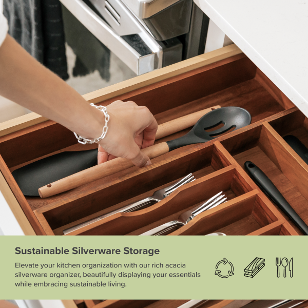 Acacia Drawer Organizer for Silverware & Utensils (Expands 11-19in) - Image 5