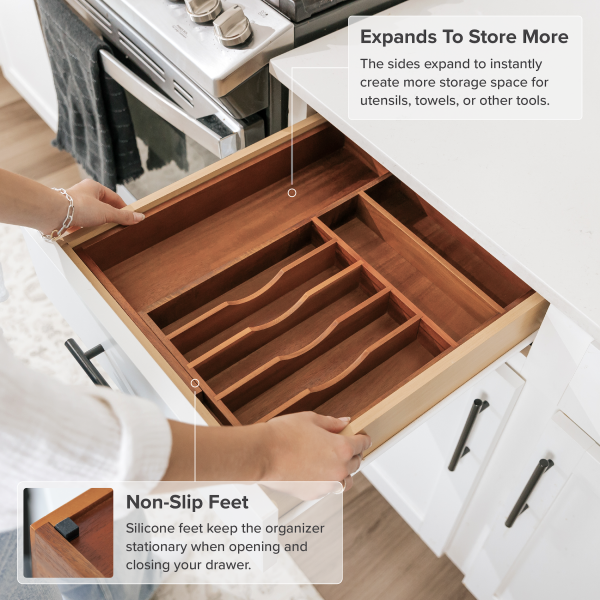 Acacia Drawer Organizer for Silverware & Utensils (Expands 11-19in) - Image 6