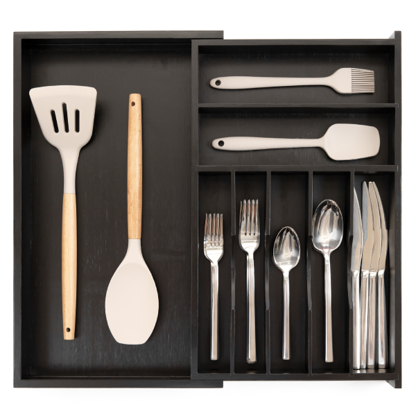 Bamboo Drawer Organizer for Silverware & Utensils - Black Finish (Expands 11-19in)