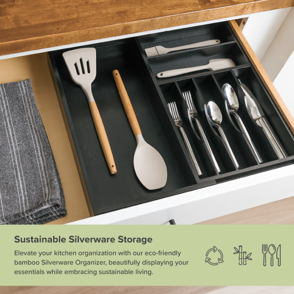 Bamboo Drawer Organizer for Silverware & Utensils - Black Finish (Expands 11-19in) - Image 5
