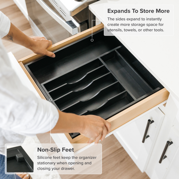 Bamboo Drawer Organizer for Silverware & Utensils - Black Finish (Expands 11-19in) - Image 6