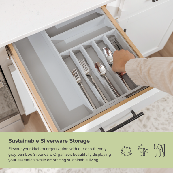 Bamboo Drawer Organizer for Silverware & Utensils - Gray Finish (Expands 10.5-19in) - Image 5