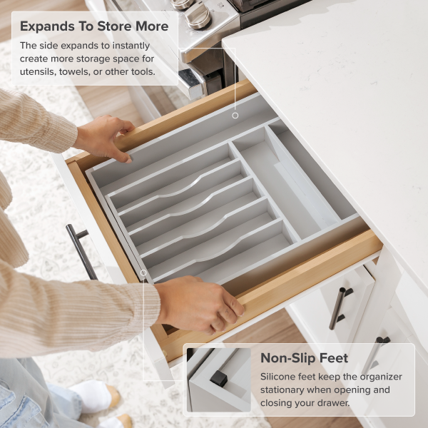 Bamboo Drawer Organizer for Silverware & Utensils - Gray Finish (Expands 10.5-19in) - Image 6