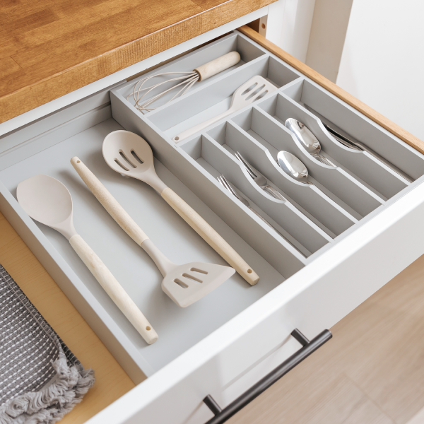 Bamboo Drawer Organizer for Silverware & Utensils - Gray Finish (Expands 10.5-19in) - Image 7