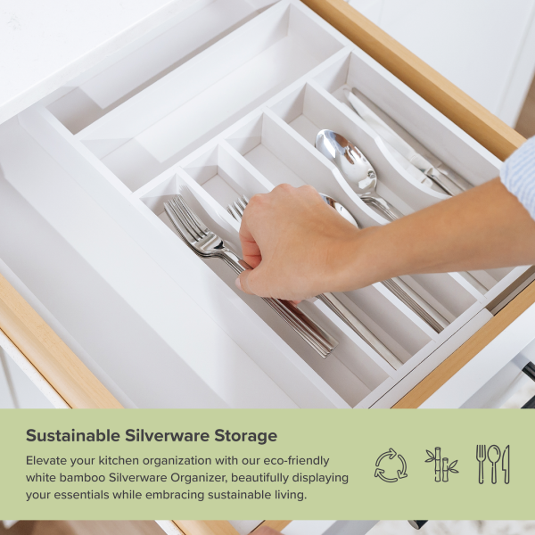 Bamboo Drawer Organizer for Silverware & Utensils - White Finish (Expands 11-19in) - Image 5