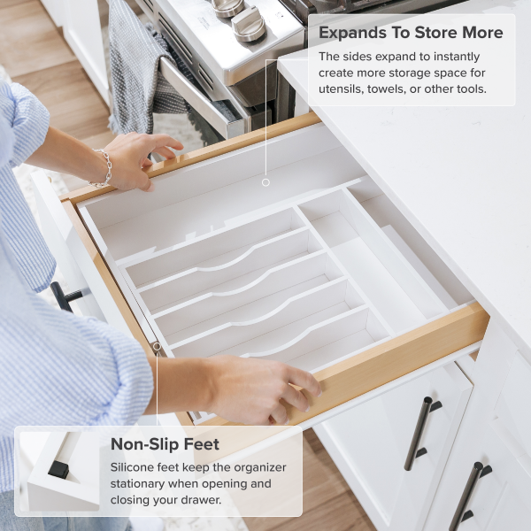 Bamboo Drawer Organizer for Silverware & Utensils - White Finish (Expands 11-19in) - Image 6