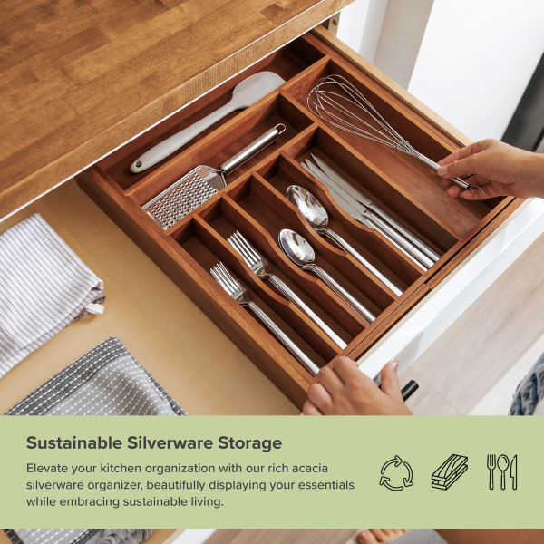 Acacia Drawer Organizer for Silverware & Utensils (Expands 16-28in) - Image 5