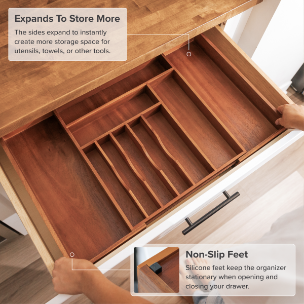Acacia Drawer Organizer for Silverware & Utensils (Expands 16-28in) - Image 6