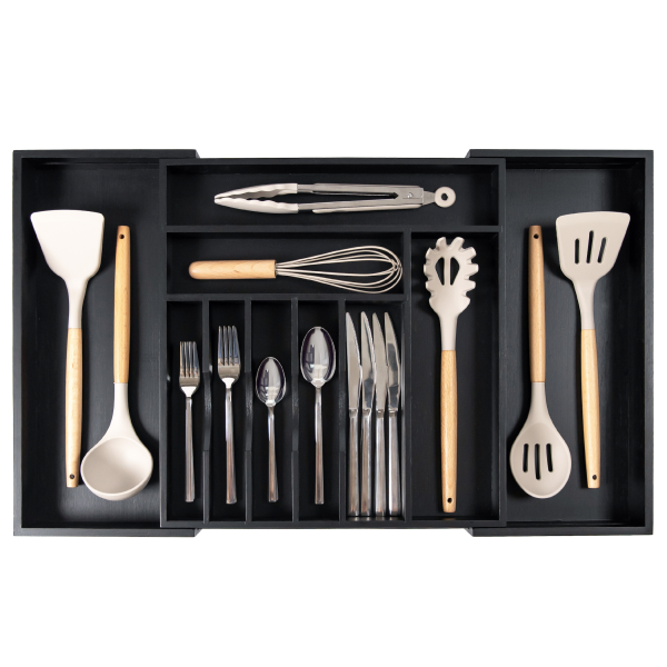 Bamboo Drawer Organizer for Silverware & Utensils - Black Finish (Expands 16-28in)