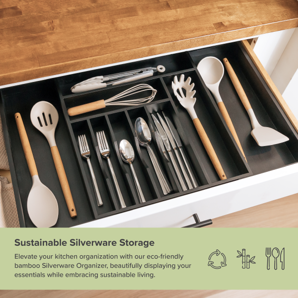 Bamboo Drawer Organizer for Silverware & Utensils - Black Finish (Expands 16-28in) - Image 6