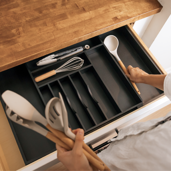 Bamboo Drawer Organizer for Silverware & Utensils - Black Finish (Expands 16-28in) - Image 8