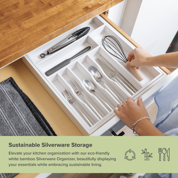 Bamboo Drawer Organizer for Silverware & Utensils - White Finish (Expands 15.75-28in) - Image 6