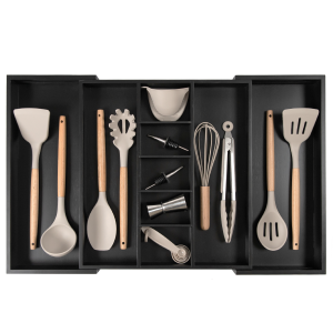 Bamboo Utensils & Junk Drawer Organizer - Black Finish (Expands 16-28in)