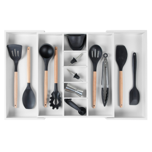 Bamboo Utensils & Junk Drawer Organizer - White Finish (Expands 16-28in)
