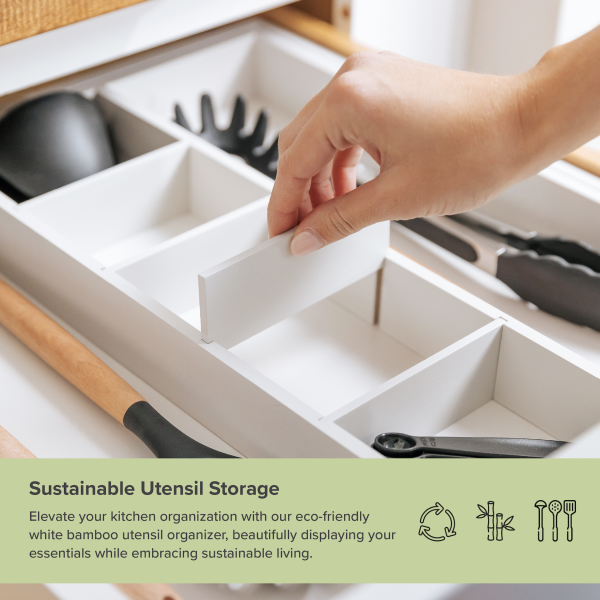 Bamboo Utensils & Junk Drawer Organizer - White Finish (Expands 16-28in) - Image 4