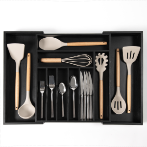 Bamboo Drawer Organizer for Silverware & Utensils Black Finish (Expands 14.5-25in)