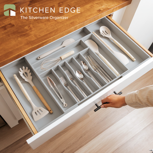 Bamboo Drawer Organizer for Silverware & Utensils - Gray Finish (Expands 18.5-33in) - Image 3