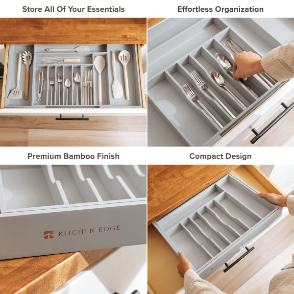 Bamboo Drawer Organizer for Silverware & Utensils - Gray Finish (Expands 18.5-33in) - Image 2