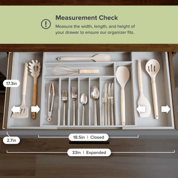 Bamboo Drawer Organizer for Silverware & Utensils - Gray Finish (Expands 18.5-33in) - Image 4