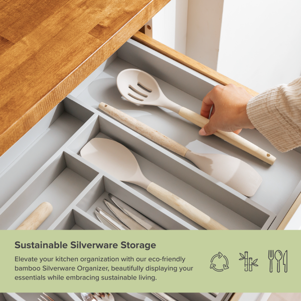 Bamboo Drawer Organizer for Silverware & Utensils - Gray Finish (Expands 18.5-33in) - Image 5