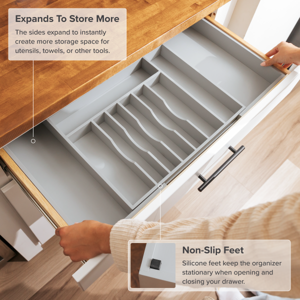 Bamboo Drawer Organizer for Silverware & Utensils - Gray Finish (Expands 18.5-33in) - Image 6