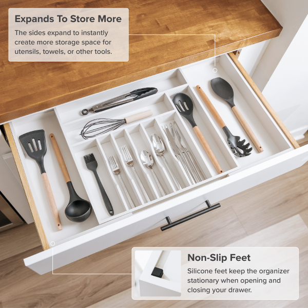 Bamboo Drawer Organizer for Silverware & Utensils - White Finish (Expands 18.5-33in) - Image 6