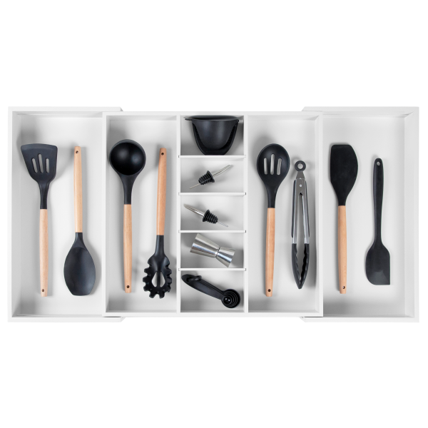 Bamboo Utensils & Junk Drawer Organizer - White Finish (Expands 18.5-33in)