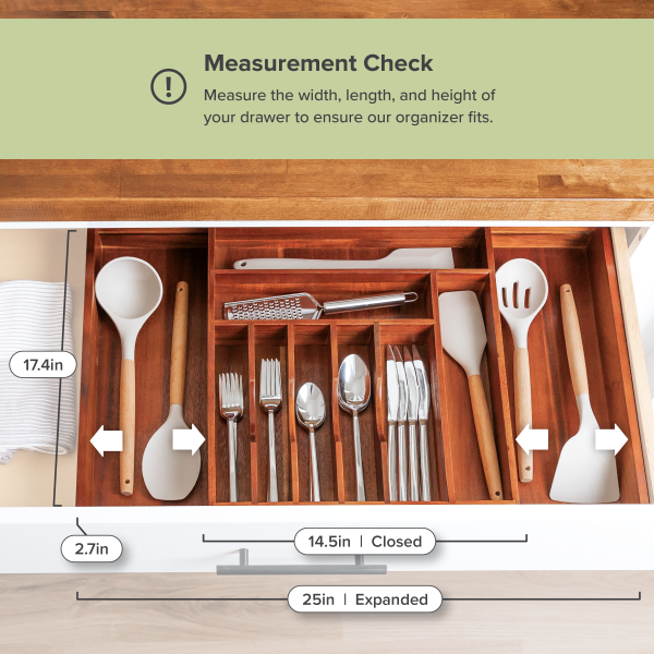 Acacia Drawer Organizer for Silverware & Utensils (Expands 14.5-25in) - Image 4
