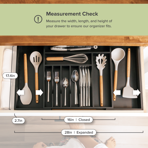 Bamboo Drawer Organizer for Silverware & Utensils - Black Finish (Expands 16-28in) - Image 4