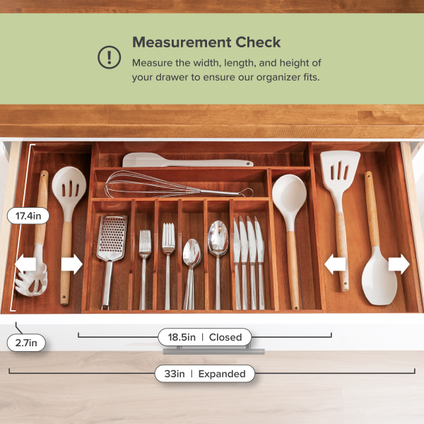Acacia Drawer Organizer for Silverware & Utensils (Expands 18.5-33in) - Image 4