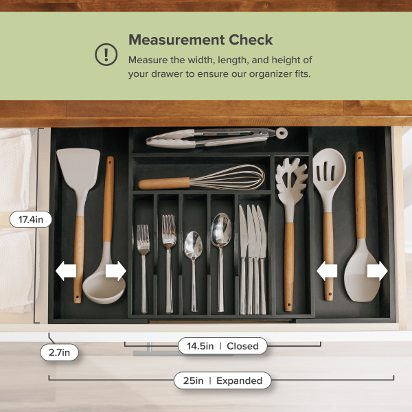 Bamboo Drawer Organizer for Silverware & Utensils Black Finish (Expands 14.5-25in) - Image 4